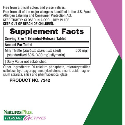 Supliment alimentar, Nature's Plus, Herbal Actives Milk Thistle, Extended Release, 80% Silymarin, 30 Tablete Vegetariene