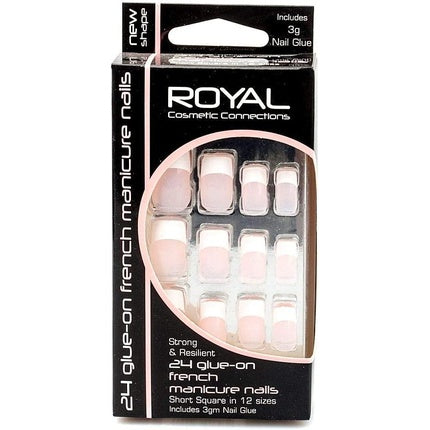 Unghii false Royal, Glue-On French Manicure, scurte și pătrate, culoare naturală cu vârf alb