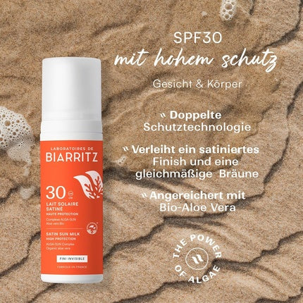 Lapte Solar Satinat Laboratoires De Biarritz SPF 30, 130 g, Transparent