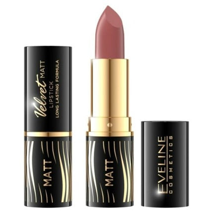 Ruj Eveline Velvet Matt Lipstick No. 516, culoare roz pudrat, ambalaj negru și auriu