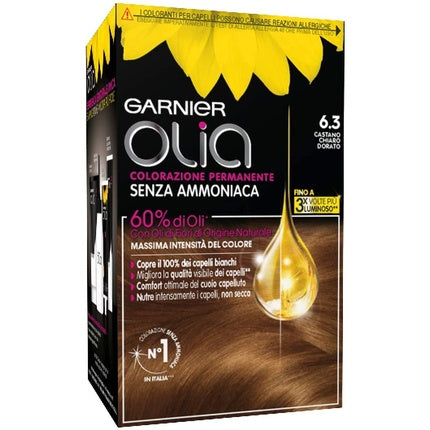 Vopsea de păr permanentă Garnier Olia 6.3 Castaniu deschis, uleiuri, 100% acoperire păr alb