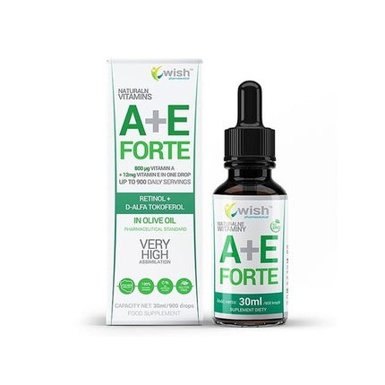 Wish Natural Vitamin A+E Forte Drops, Vitamine lichide cu Retinol și D-alfa-tocoferol în ulei de măsline, 30 ml, sticlă cu picurator negru