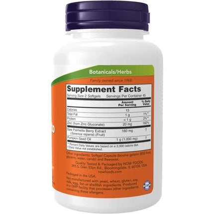 Supliment alimentar NOW Foods Saw Palmetto Extract cu ulei de semințe de dovleac și zinc, 90 capsule moi