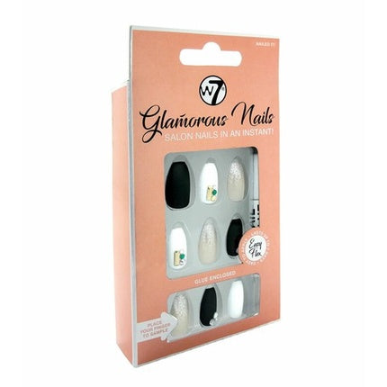 Unghii artificiale W7 Glamorous Presson Nails Matte Glitter White, set unghii false, design alb-negru cu glitter