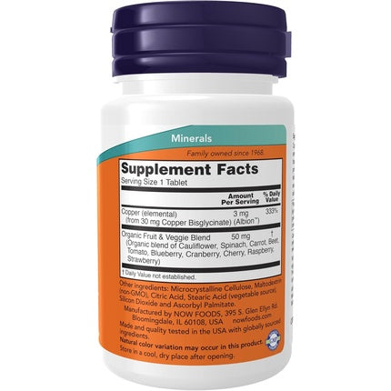 Supliment Mineral, Now Foods, Copper Glycinate Albion, 3mg, 120 Tablete