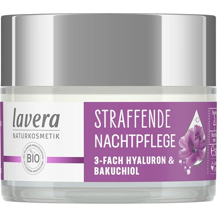 Cremă de noapte Lavera, Firming Night Care cu Triplu Acid Hialuronic și Bakuchiol, 50ml