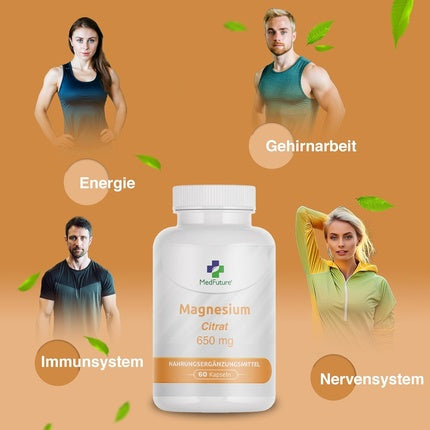 Magnesium Citrate, Medfuture, Pure Magnesium 650mg, sticlă albă, 60 capsule