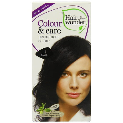 Vopsea de păr Hairwonder Colour & Care 1 Black, cutie 40ml+60ml, ambalaj alb și mov