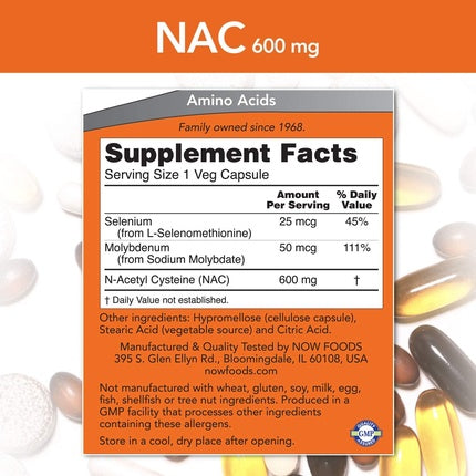 NOW Supplements NAC 600 mg, Seleniu și Molibden, 250 capsule vegane