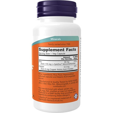 NOW Foods L-OptiZinc 30mg cu Cupru, 100 Veg Capsules