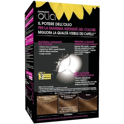 Vopsea de păr permanentă Garnier Olia 6.3 Castaniu deschis, uleiuri, 100% acoperire păr alb