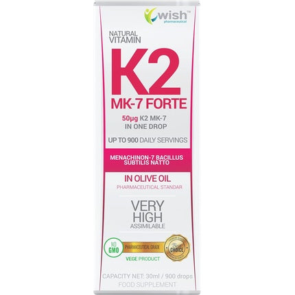 Supliment alimentar cu vitamina K2 MK-7 Forte, Wish Pharmaceuticals, 30ml, ulei de măsline, doză unică