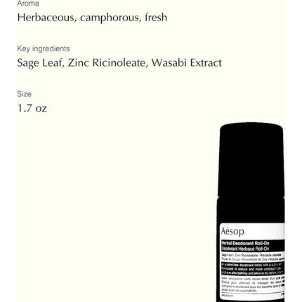 Deodorant Roll-On Aesop Herbal, ambalaj sticlă brunie, capac negru, 50ml