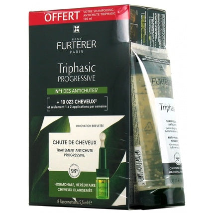 Tratament Anti-Cădere Păr, Rene Furterer, Triphasic Progressive, Set 8 Flacoane x 55 ml + Șampon Cadou