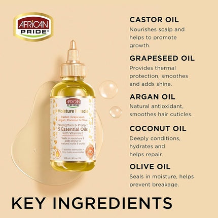 Ulei de Păr African Pride Moisture Miracle, 5 Uleiuri Esențiale, Castor, Grapeseed, Argan, Cocos & Măsline, 120ml