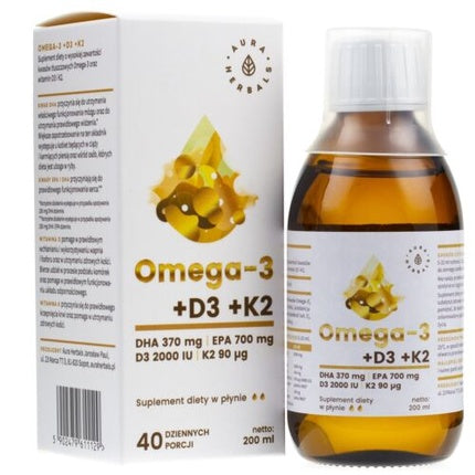 Supliment lichid, Aura Herbals, Omega-3 DHA 370 + D3 + K2, 200ml