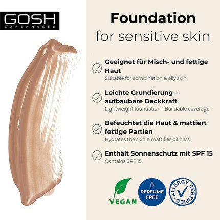 Gosh Foundation, 014N, SPF 15, Vegan, pentru piele sensibilă