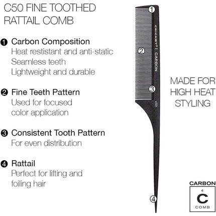 Pieptan pentru păr, Cricket Carbon Fine Toothed Rattail Comb 60, negru