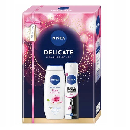 Set gel de duș Nivea Rose & Almond Oil 250 ml + deodorant spray Invisible Black & White Clear 150 ml