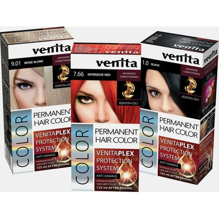 Vopsea de Păr Permanentă Venita Plex cu Keratină, 100% Acoperire Fire Albe, 224g