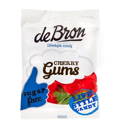 Gume de mestecat, De Bron, Cherry Gums Sugar Free, gust de cireșe, ambalaj alb și roșu