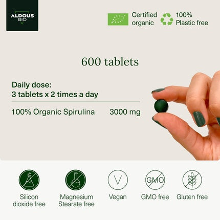 Tablete Spirulina, Aldous Bio, 600 buc, Organic, Negru-Verde