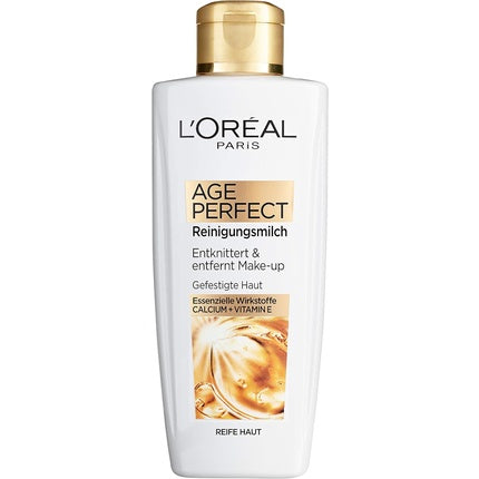 Lapte de curățare, L'Oréal Paris, Age Perfect, 200ml, ambalaj alb cu capacitate aurie