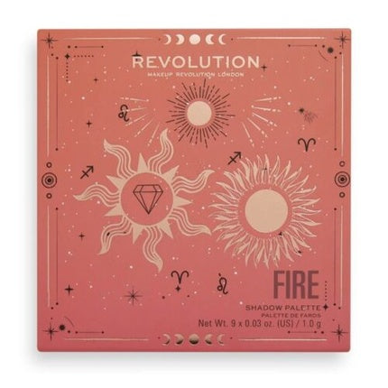 Paletă ochi Makeup Revolution Fire Palette, set de nuanțe calde, design roșu