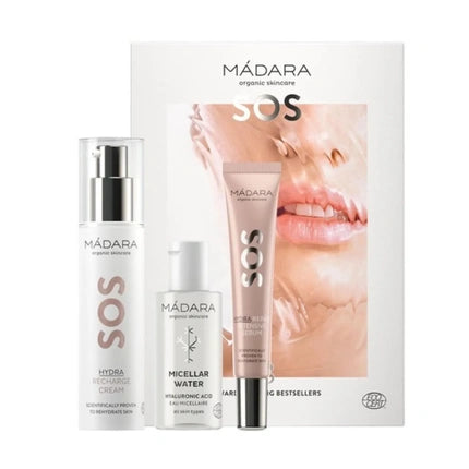 Set Cadou Hidratare SOS, Mádara, Hydra Boost Skin Hydration Gift Set, Sos Hydra Recharge Cream Micellar Water și Serum, 72g