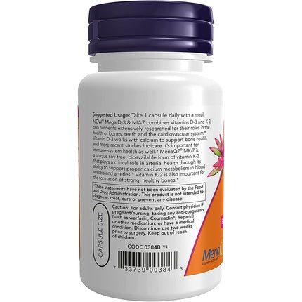 Vitamine NOW Foods Mega D-3 & MK-7, 60 Veg Capsule, D-3 5000 UI / K2 180 mcg
