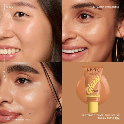 Cremă colorată cu SPF 30, NYX Professional Makeup Buttermelt Glaze Soft Glow Skin Tint, Culoare Cashew Butta