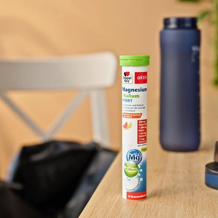 Tablete efervescente, Doppelherz Magnesium + Potassium SPORT, gust lămâie-grepfruct, 15 buc
