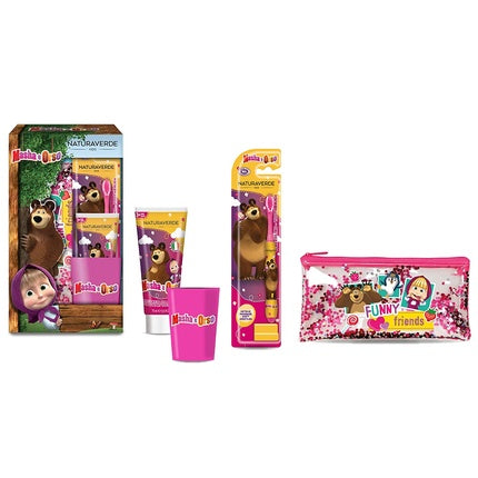 Set îngrijire dentară Naturaverde Kids Masha & Bear cu periuță de dinți și pastă de dinți căpșuni