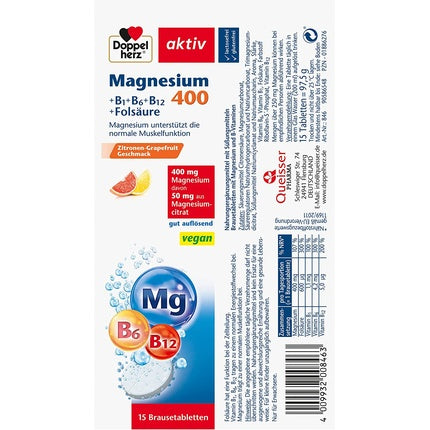 Tablete efervescente Doppelherz Magnesium 400 Bcomplex, gust pepene galben, 15 buc