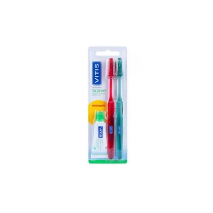 Periuță de dinți Vitis Duplo Suave, set 2 perii (roșie, albastră) cu pastă de dinți 15ml