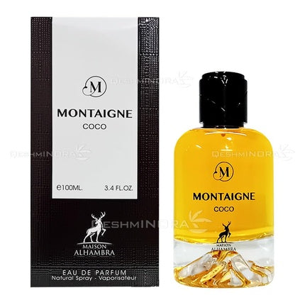 Eau de Parfum Montaigne Coco, Maison Alhambra, 100ml, cu sticlă transparentă și dop negru