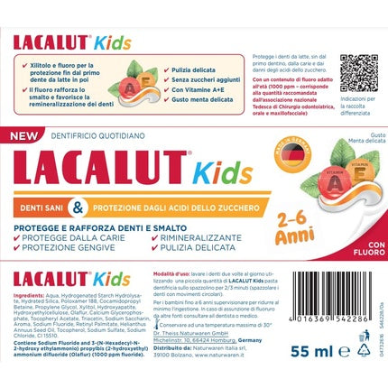 Lacalut Kids, Dentifriciu pentru copii 2-6 ani, Xilitol și fluor, Menta delicată, 55ml