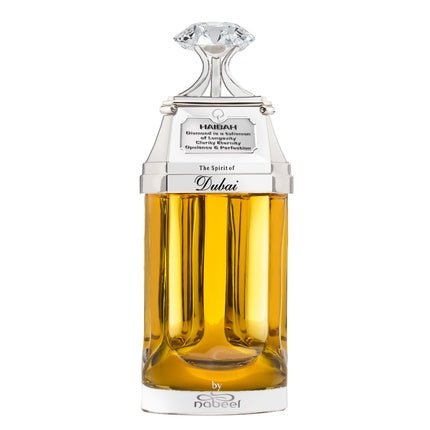 Perfum Haibah Unisex, Eau de Parfum, 90ml, sticlă transparentă cu lichid auriu