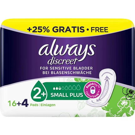Dispozitiv absorbant Always Discreet Small Plus, ambalaj 20 buc., alb cu detalii mov