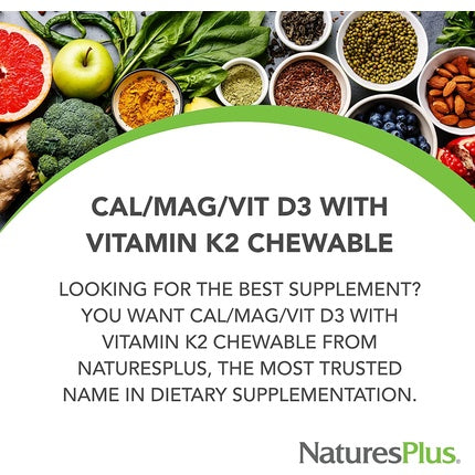 Supliment alimentar NaturesPlus Cal/Mag/Vit D3 cu Vit K2, 60 comprimate masticabile, aromă de vanilie