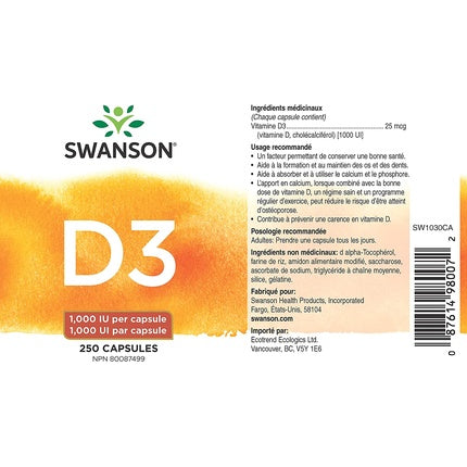 Vitamine D-3, Swanson, 1000 IU, 250 capsule
