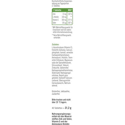 Tablete Taxofit Zinc 15 + Histidine + Vitamin C + Selenium, 40 buc