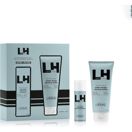 Set Lierac Homme Global Antiaging Fluid 50ml cu Douche Integral Allover Shower Gel 200ml, Culoare albastru deschis