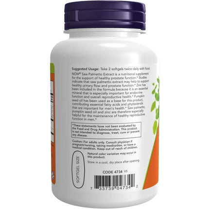 Supliment alimentar NOW Foods Saw Palmetto Extract cu ulei de semințe de dovleac și zinc, 90 capsule moi