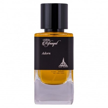 Paris Corner Rifaaqat Adorn Eau De Parfum, 85ml, sticlă transparentă cu lichid auriu și capac negru