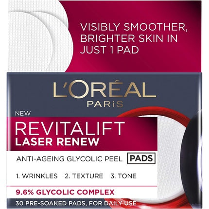 L'Oreal Paris Revitalift Laser Renew Anti-Ageing Glycolic Acid Peel Pads, 30 Pre-soaked Pads