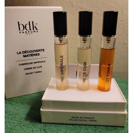 Set Parfumuri BDK Parfums, La Découverte Matières, Tubereuse Impériale, Crème de Cuir, Velvet Tonka (3 x 7 ml)