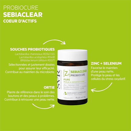 Complement alimentar SVR Sebiaclear Probiocure, cu zinc și probiotice, 30 gelule