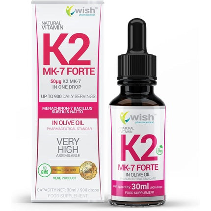 Supliment alimentar cu vitamina K2 MK-7 Forte, Wish Pharmaceuticals, 30ml, ulei de măsline, doză unică