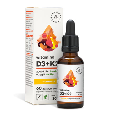 Aura Herbals Vitamin D3 2000 IU cu K2 și Omega-3, Ulei pentru piele și imunitate, Ambalaj 30ml